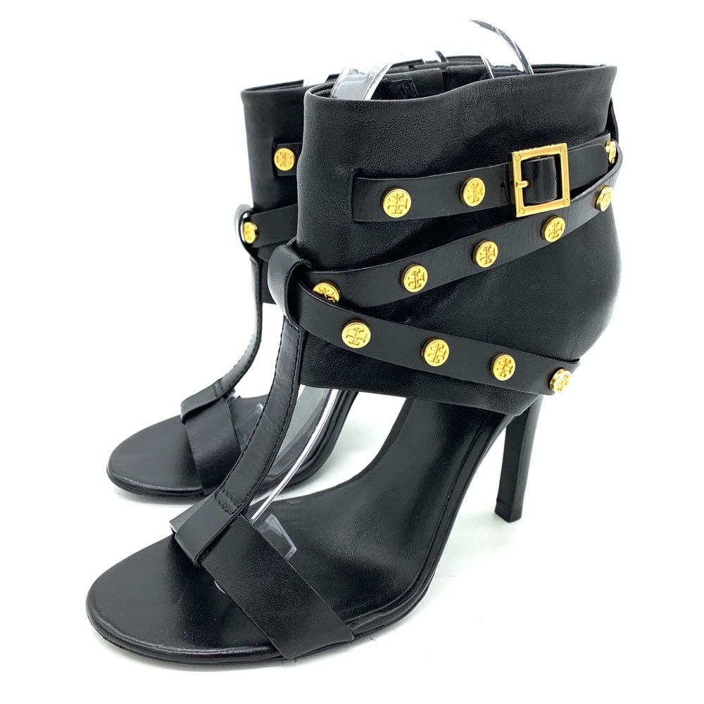 Tory Burch Black Leather Studded Ankle Cuff Heels Booties